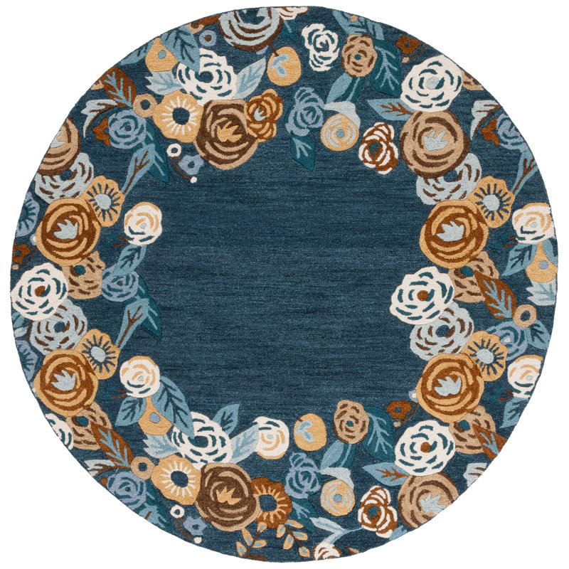 Chelsea Tufted Wool Cotton With Latex Floral Rug in Blue/Ivory, Round 6'