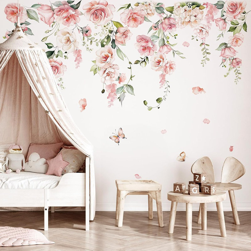 Spring Large Pink Flower Wall Decals Hanging Vine Flor...