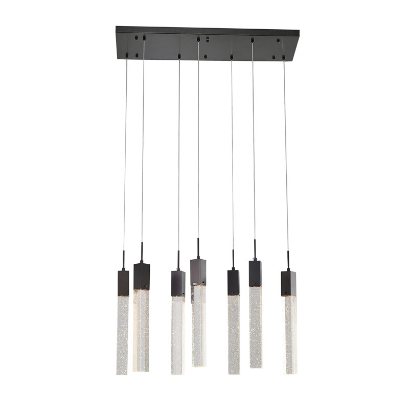 Lustre rectangulaire 7 lumières pour îlot de cuisine avec détails en cristal, Noir mat