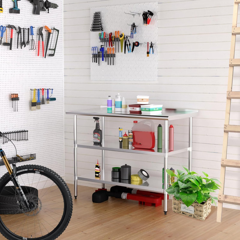 Table de préparation et de travail en acier inoxydable avec 2 tablettes réglables, postes de travail commerciaux à dosseret, table utilitaire dans la cuisine Garage Buanderie extérieure