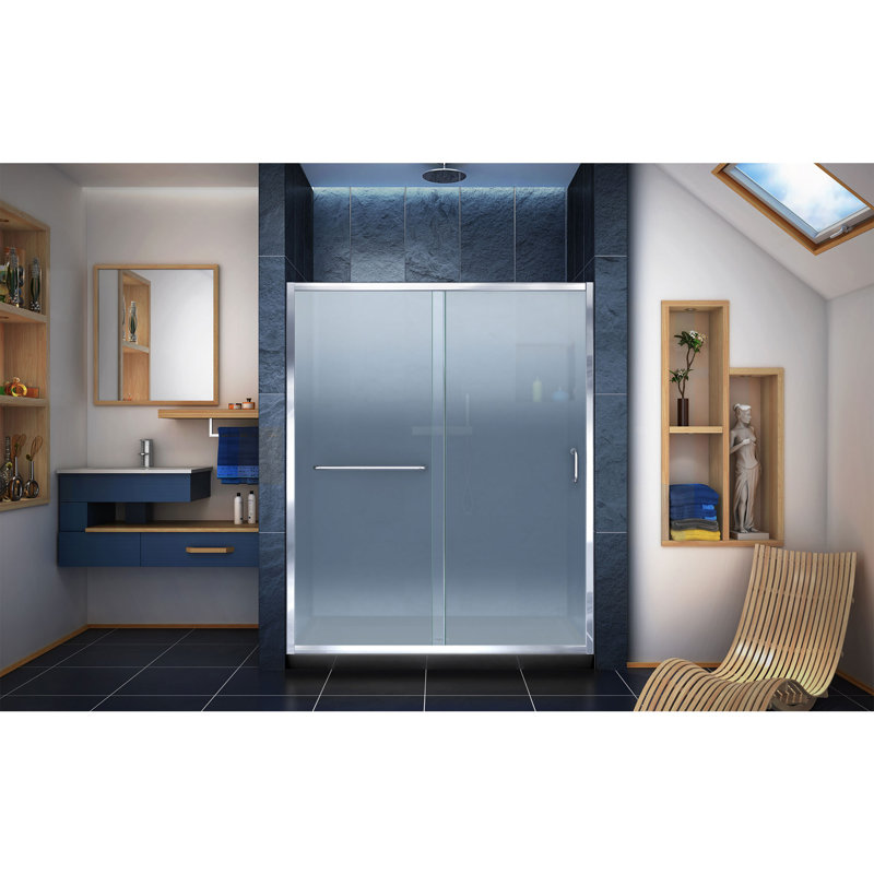 DreamLine Infinity-Z 36 inch D x 60 inch W x 74 3/4 inch H Semi-Frameless Sliding Frosted Shower Door in Brushed Nickel with Center Drain Biscuit Shower Base Kit