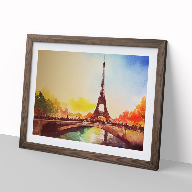 Eiffel Tower In Watercolour Vol.3 - Single Picture Frame Painting, 34cm H x 46cm W x 2cm D, Walnut 