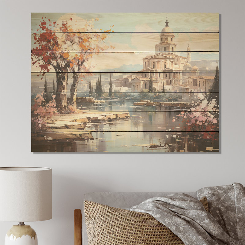 Paysage de l'empire romain de printemps III - Italie sur bois, H 24 po x l 32 po