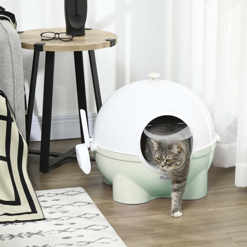 Litière à capuchon pour chat, grand bac à litière pour chat avec couvercle, pelle, pédale de sable qui fuit, poignée supérieure, vert clair