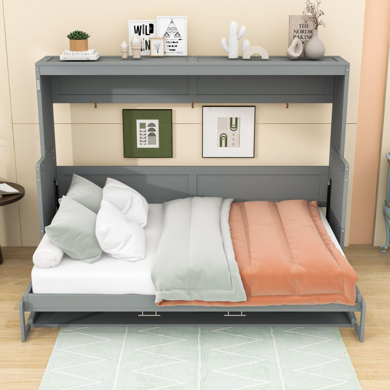 Lit escamotable en bois avec tablettes de rangement et lattes, gris, Complète