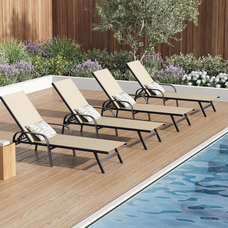 Set of 4 Outdoor Lounge Chairs with 5-Position Adjustable Backrest, PVC-coated polyester Fabric, Metal Frame for Patio, Garden, Poolside, Balcony