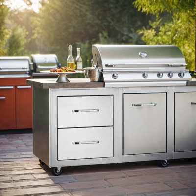 Outdoor Kitchen Drawers Stainless Steel Cabinet, 2-drawer Bbq Access Drawer Enclosed Built-in Drawer Flush Mount For Outdoor Kitchens & Bbq Islands