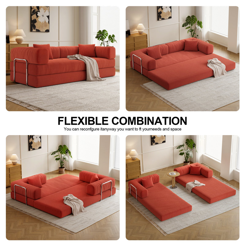 Canapé-lit convertible 5-en-1 - aucun assemblage requis, canapé-lit surdimensionné de 78,7 po, canapé sans cadre sans cadre et housses en velours côtelé lavables amovibles, comprend 2 coussins, orange