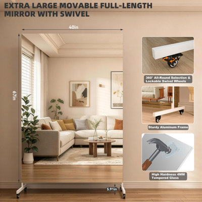Miroir de gymnastique à domicile pivotant sur 360 ° sur roulettes, très grand corps roulant et verre trempé Miroir pleine longueur facile à déplacer pour studio de yoga, chambre à coucher, studio de danse