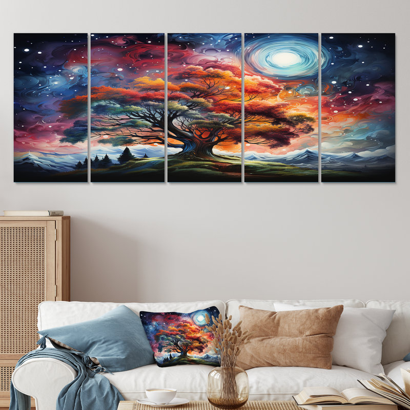 Arbre cosmique orange et rose - arbre, art mural sur toile 5 pièces, H 28 po x l 60 po