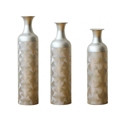 Set of 3 Silver Modern Floor Vases with Wave Pattern - Tall Cylinder Flower Vases for Living Room & Office (32.68, 25.98, 19.69 Inch)