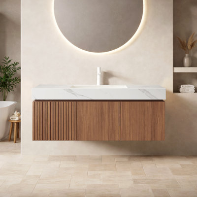Luxury 48" Walnut Bathroom Vanity & Sinks Modern Family Suspended Bathroom Cabinet Mid-Century Sintered Stone Bathroom Cabinet