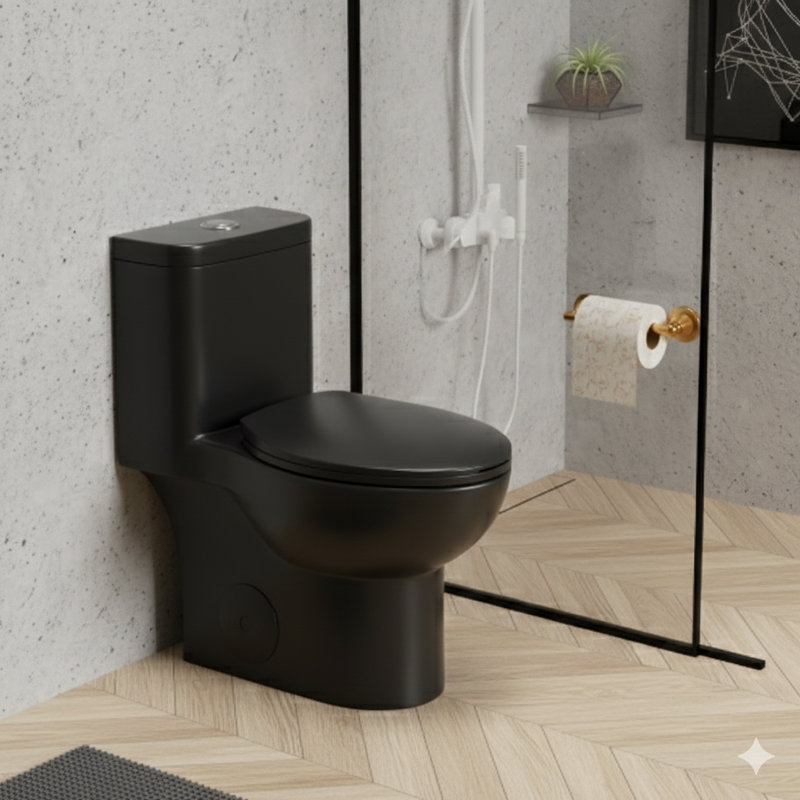 One-piece toilet with 1.1/1.6 GPF vortex flush and a 17-inch ADA comfort-height chair seat, delivering a powerful and quiet dual-flush operation, equipped with a 12-inch siphonic S-trap and a rimless bowl with a soft-closing seat, in a matte black finish