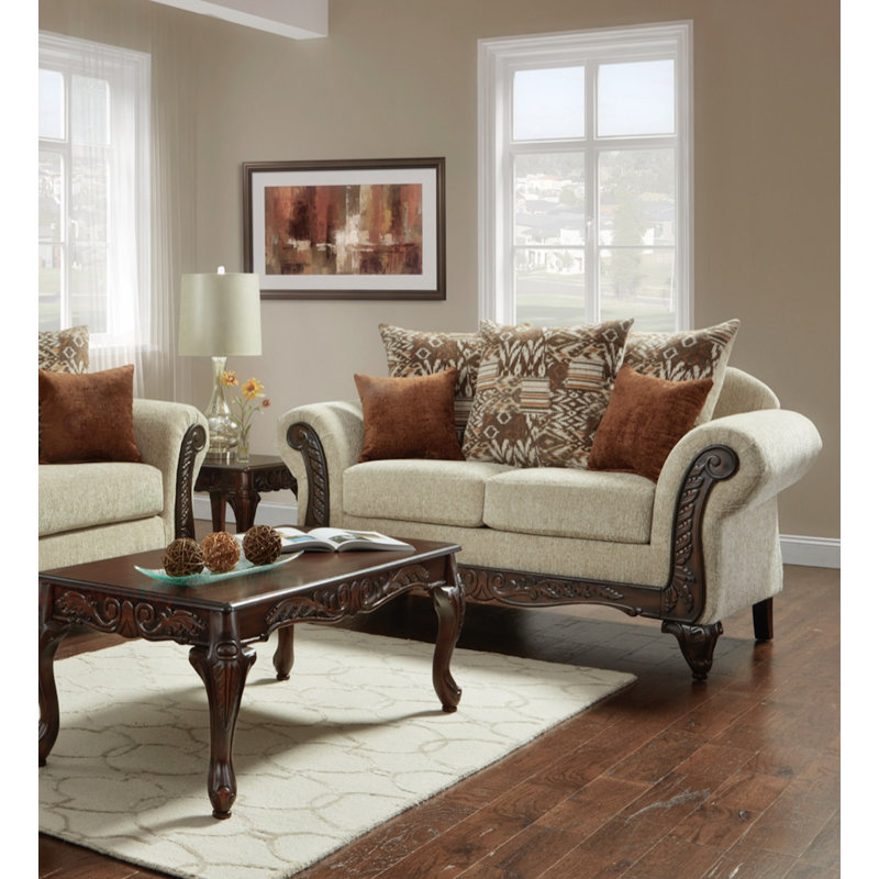 Sabahat Carved Wood Traditional Loveseat, Beige