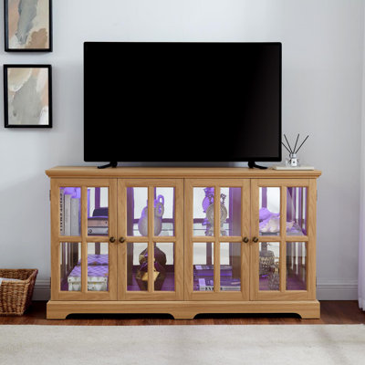 LED Curio Display Cabinet Antique Display Cabinet With Glass Doors Adjustable Shelves For Collectibles Four Door Design Vintage Showcase For Home Or Office Antique Display Case OAK