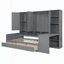 Lit de jour fonctionnel en bois avec trois tiroirs, armoire intégrée, bureau et tablettes pour plus de confort, de rangement et d'espace de travail-116285375-116285373