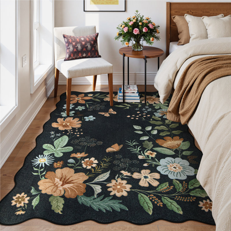 Floral Washable Rugs Non-Slip Soft Rugs for Living Room Bedroom Ultra-Thin Boho Accent Carpet, Rectangle 5' x 7'