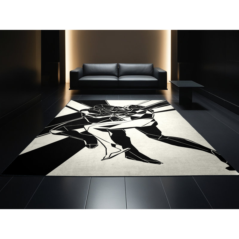 Machine Washable Cain Wrestling Mat Grapple Sleek & Chic Modern Geometric Rug in White – Black Binding, 2x3
