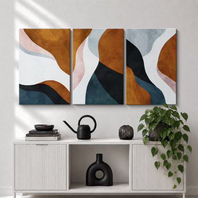Mid Century Shape "Geometric Wavy Brown And Blue Abstract Framed Canvas Print 3 Pieces Wall Art