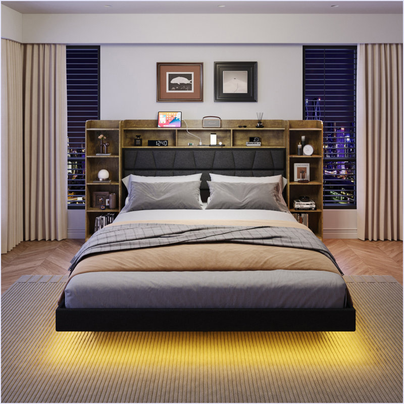 Floating Queen Bed Frame With LED Light And Bookcase