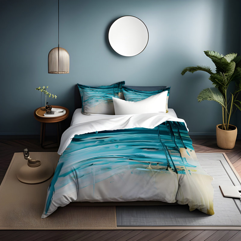  Ensemble de housse de couette en microfibre bleu / beige, Housse de couette grand + 2 grandes taies décorat