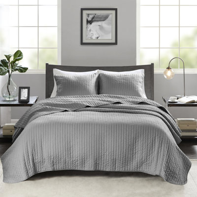 3 pièces de courtepointe gris très grand / très grand - microfibre, rembourrage en coton, réversible, revêtement acarien Tissu en microfibre, rembourré, protection contre les rayonnements