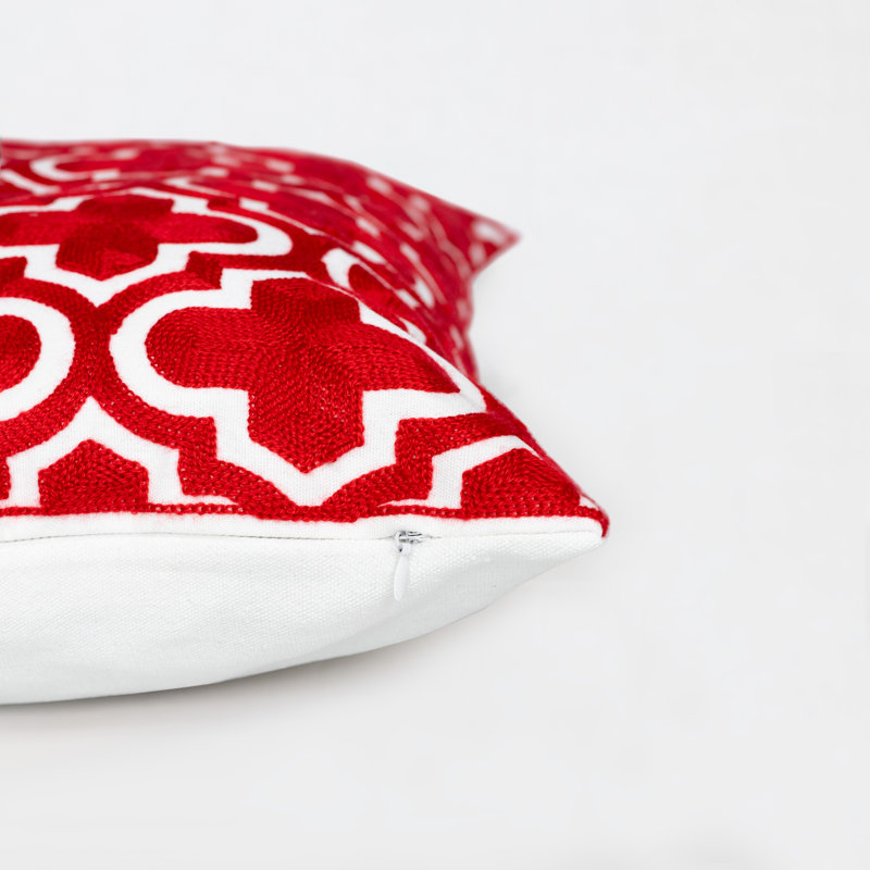 Embroidered Pillow Cover, Trellis, Red/White
