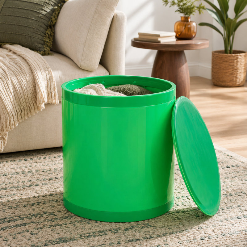 Otto Storage Stool | Round Plastic Storage Ottoman | Solid Color, Green