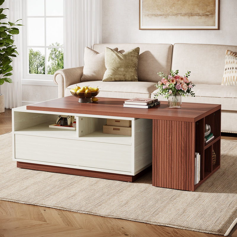 Extendable Coffee Table With 2 Drawers And Storage Shelves, Rectangular Wood Centre Table With Reversible Tabletop For Living Room
