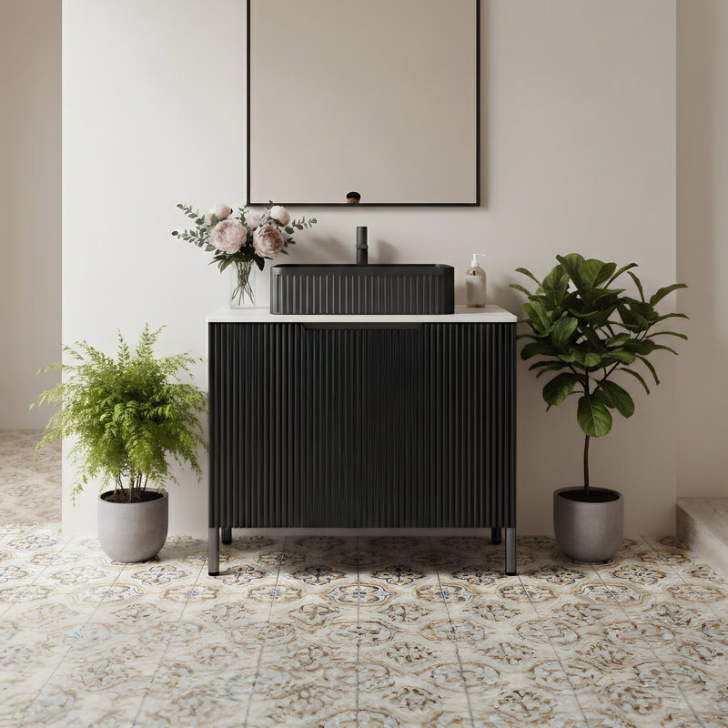 Bathroom Vanity 30", Ceramic Basin, Engineered Carrara Stone Top, Black