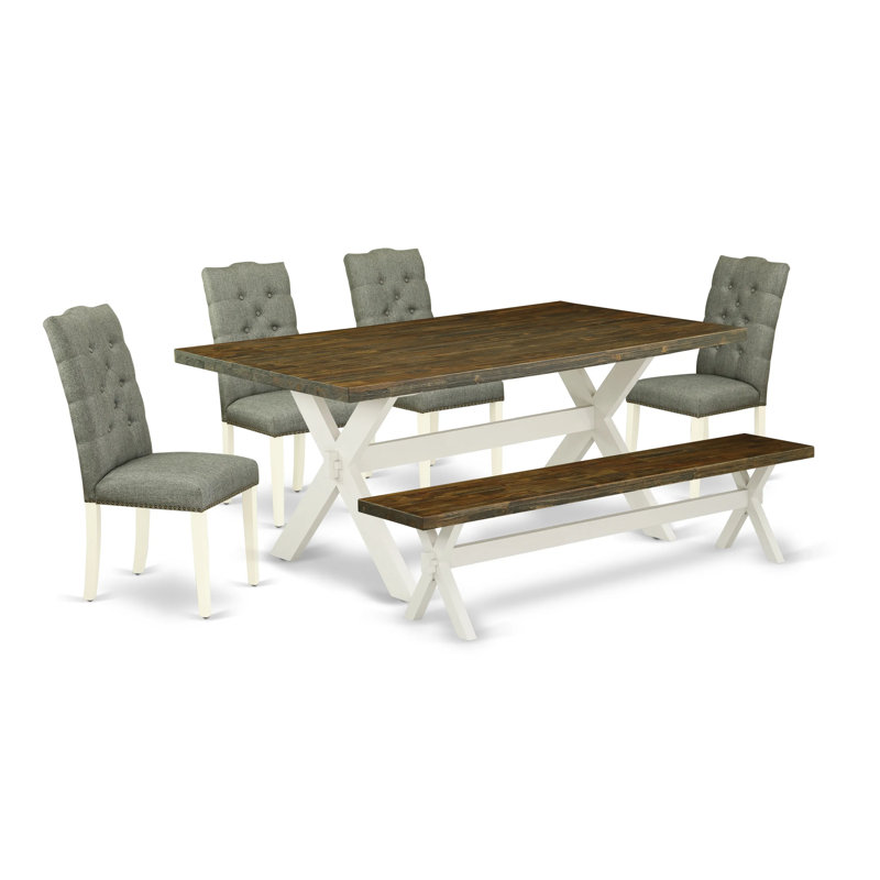 L'ensemble 6 pièces de table et chaises de cuisine contient une table rectangulaire en bois et 4 chaises Parson en lin gris avec banc, lin blanc
