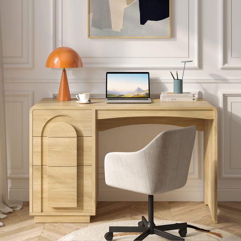 Bureau de 47 pouces avec 3 tiroirs et rangement pour dossiers, bureau d'écriture courbé en cascade moderne, bureau à domicile minimaliste, chêne clair