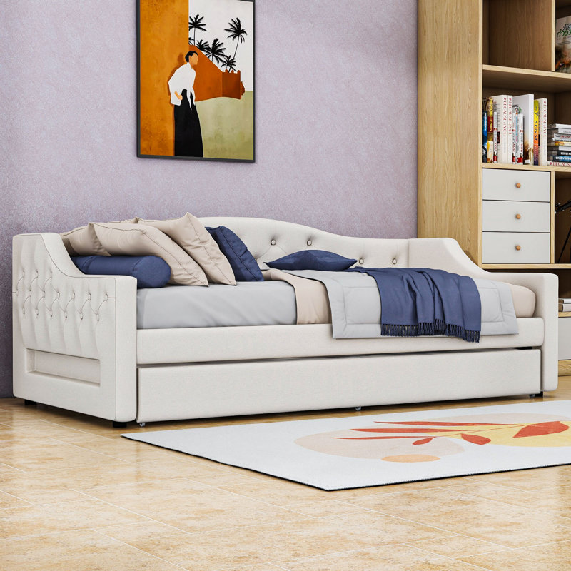 Twin XL Upholstered Daybed with Pull-out Twin XL Trundle and Integrated LED Lighting, Beige