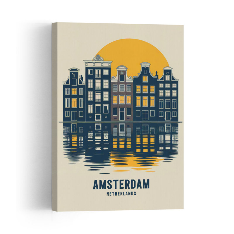 Affiche murale représentant l'architecture abstraite traditionnelle du canal d'Amsterdam, 48" H x 32" W