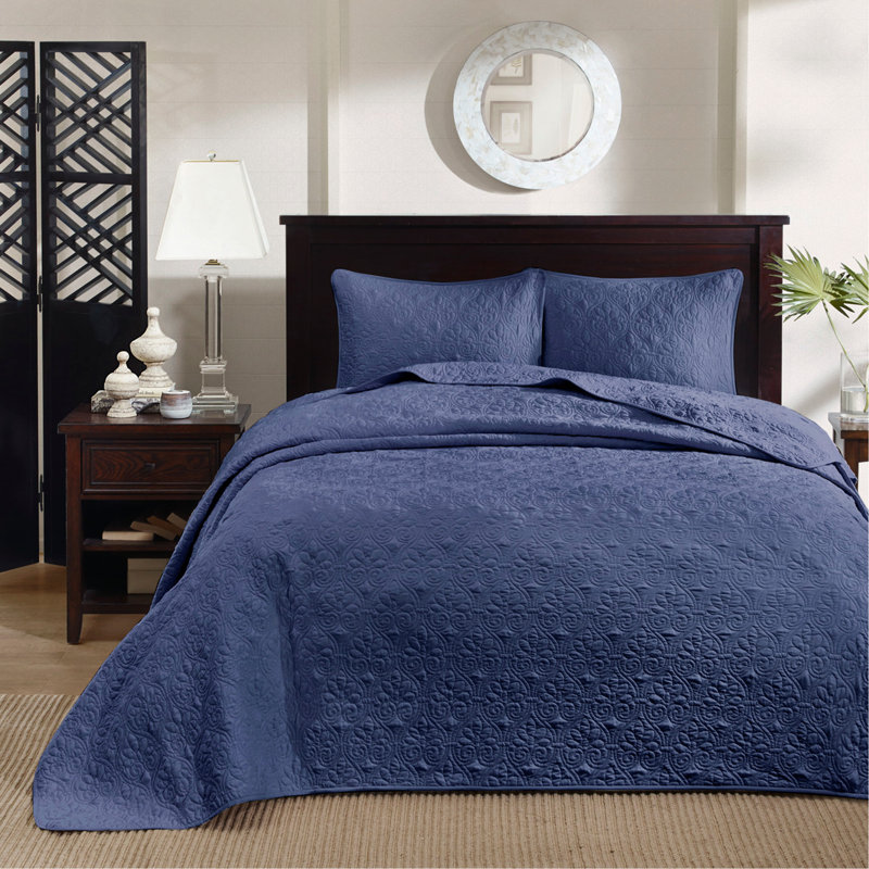 Ensemble de couvre-lit réversible bleu marine, Couvre-lit de grande taille + 2 taies décoratives, Marine