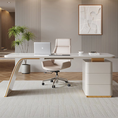 White Rectangular Sintered Stone+Manufactured Wood with 3 drawers desk by Groove Interior