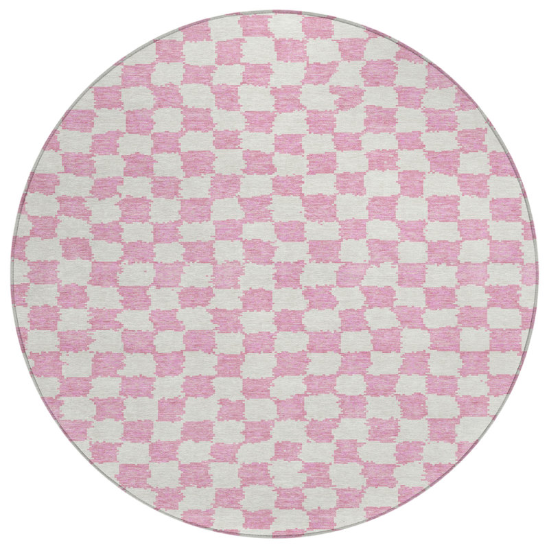 Machine Washable Indoor/Outdoor Xhevrie Pink Rug, Round 8'