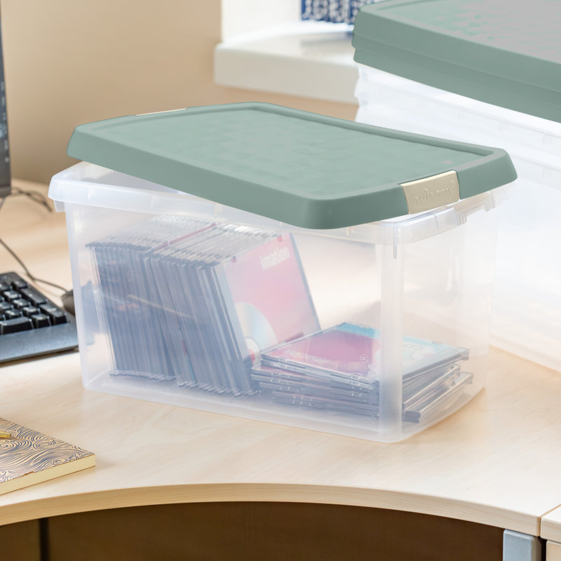 Wham Clip 4x 7L Rectangular Plastic Storage Boxes with Secure Clip Lock Lids. L:39 x W:24 x H:10.5cm Clear/Green Milieu/Stone