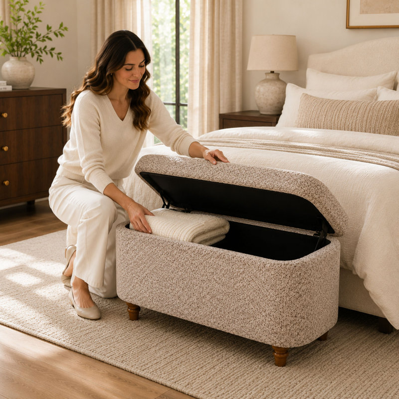 Banc de repose-pieds avec rangement 30 "Boucle, Boucle en polyester brun clair