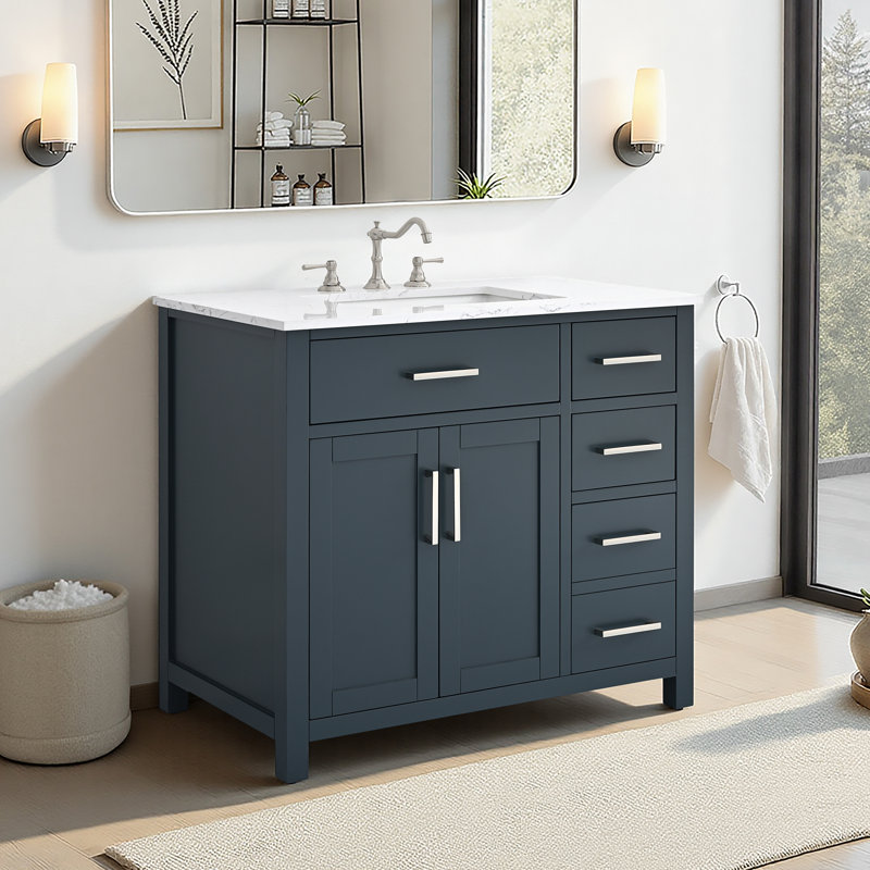 Ensemble de meuble-lavabo simple 36 po avec plateau en marbre Shamar, Bleu rétro / nickel poli