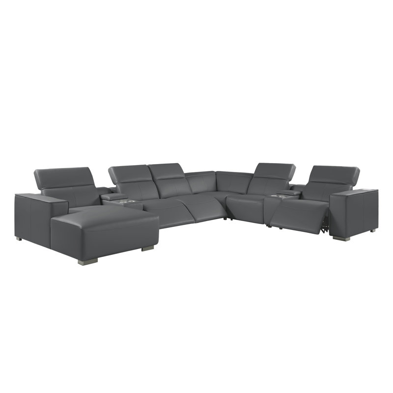 Canapé modulaire en cuir véritable gris foncé de 8 pièces avec 3 fauteuils inclinables électriques et appuis-tête réglables faisant face à gauche