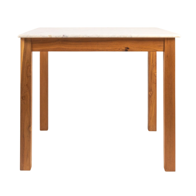 Elliot Square Teak and Marble Dining Table in Walnut Finish, Brown