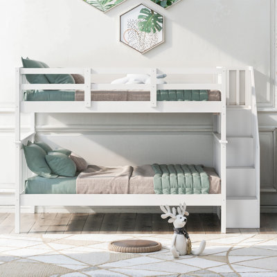 Lit superposé double avec escalier avec rangement et garde-corps