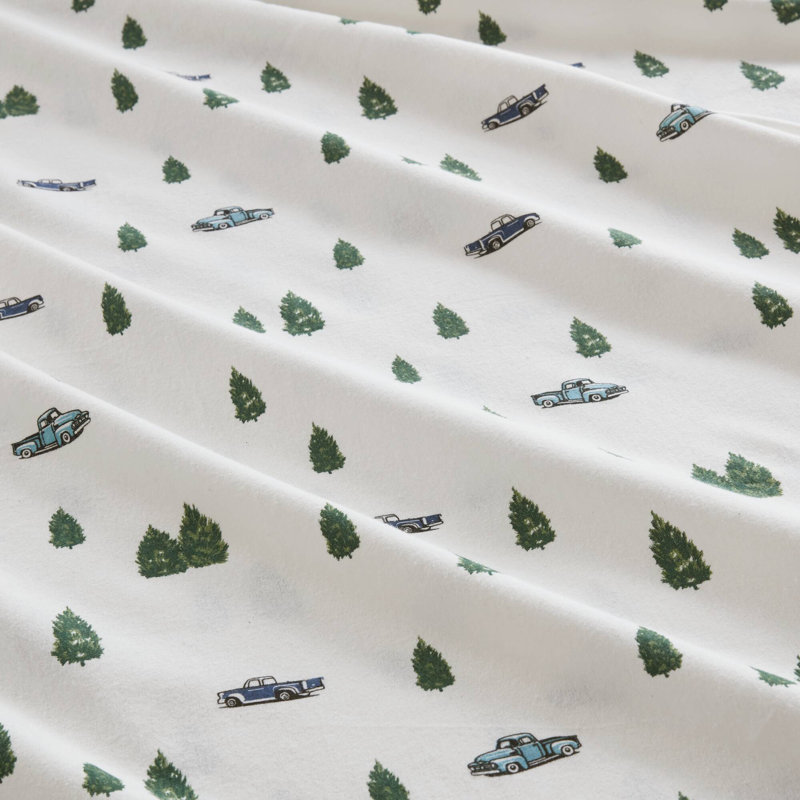 Woolrich Cotton Flannel Green Trees & Trucks 100% Cotton Flannel 4-Piece Queen Sheet Set, Queen Sheet Set with 2 Pillowcases