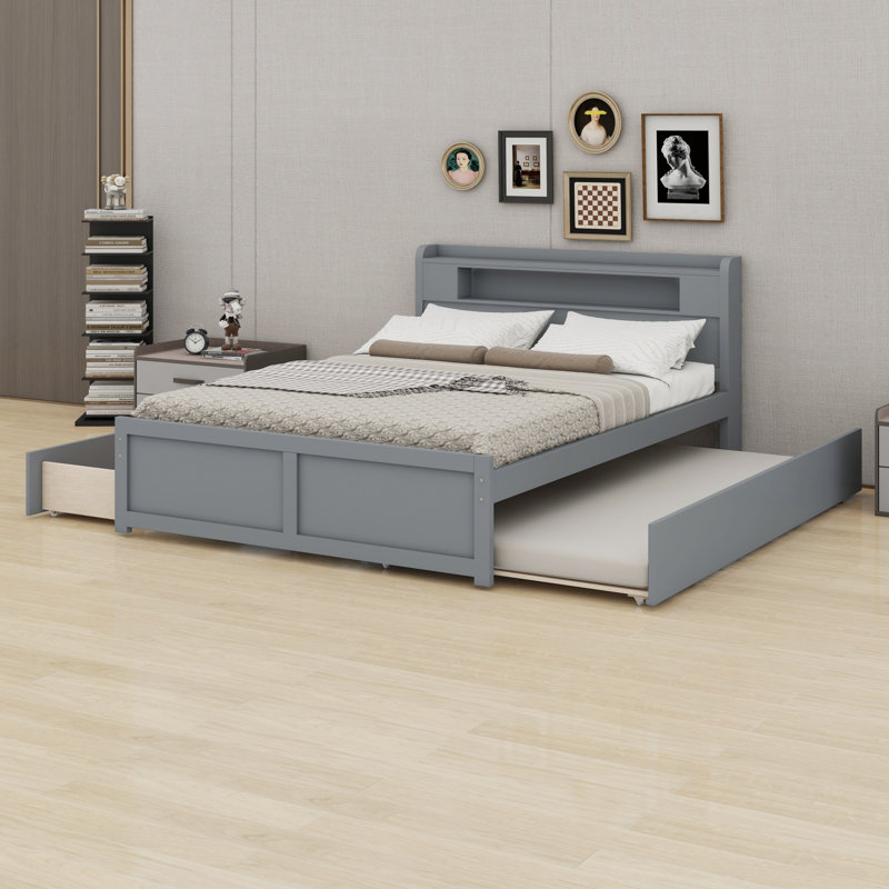 Lit plateforme en bois avec rangement à DEL, tiroirs et lit gigogne, Gris