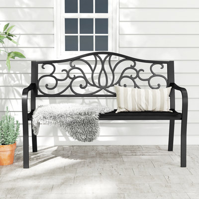 2-person Metal Bench w/ Floral Pattern Slanted Backrest Slatted Surface Black by Fleur De Lis Living