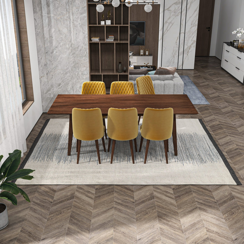 Ava 7-Piece Mid-Century Rectangular Dining Set W/ 6 Velvet Dining Chairs, Gold