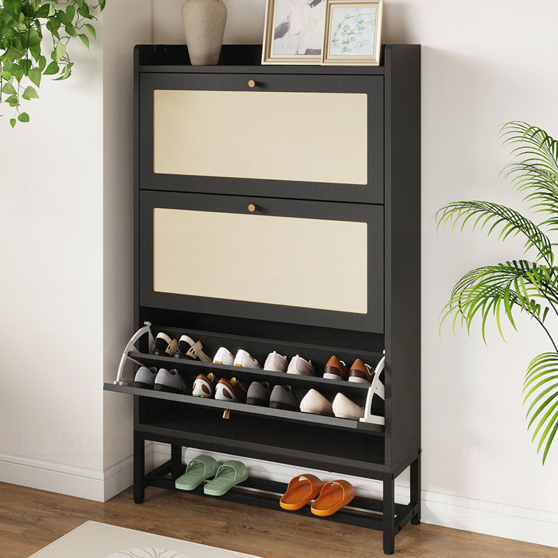 Armoire de rangement pour chaussures mince avec 3 tiroirs rabattables, organisateur moderne autoportant pour 16 à 20 paires, conception en bois peu encombrante