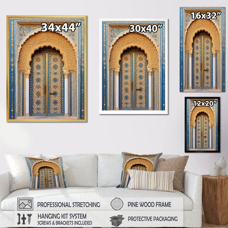 Morroco Palace Golden Doors IV - Countryside, art mural encadré, H 32 po x l 16 po x P 1 po, Cadre doré simple
