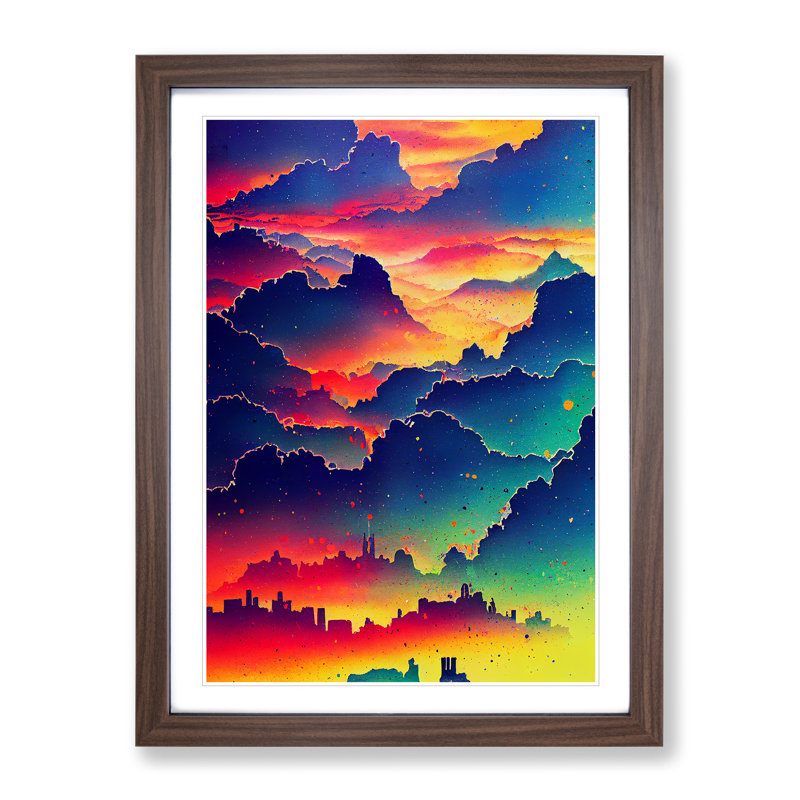 Vibrant City Skyline - Single Picture Frame Print, 34cm H x 25cm W x 2cm D, Brown Framed